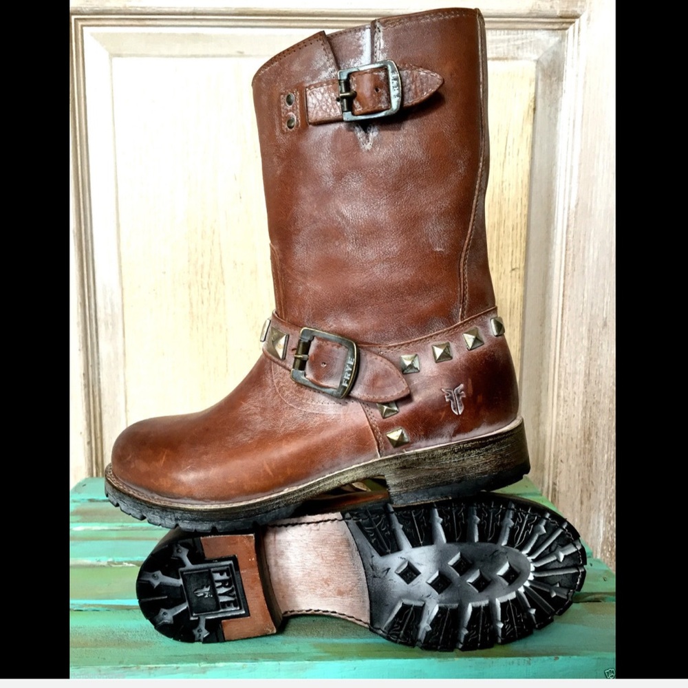 Frye rust brown Rogan Engineer Studded Boots 7.5 - Picture 3 of 10